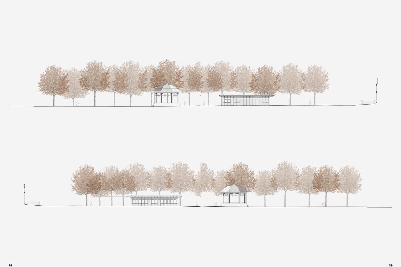 Längsschnitte Kiosk Stadthausanlage Siegerprojekt IL SOLITO (Plan: Schmid Ziörjen Architektenkollektiv, Zürich)
